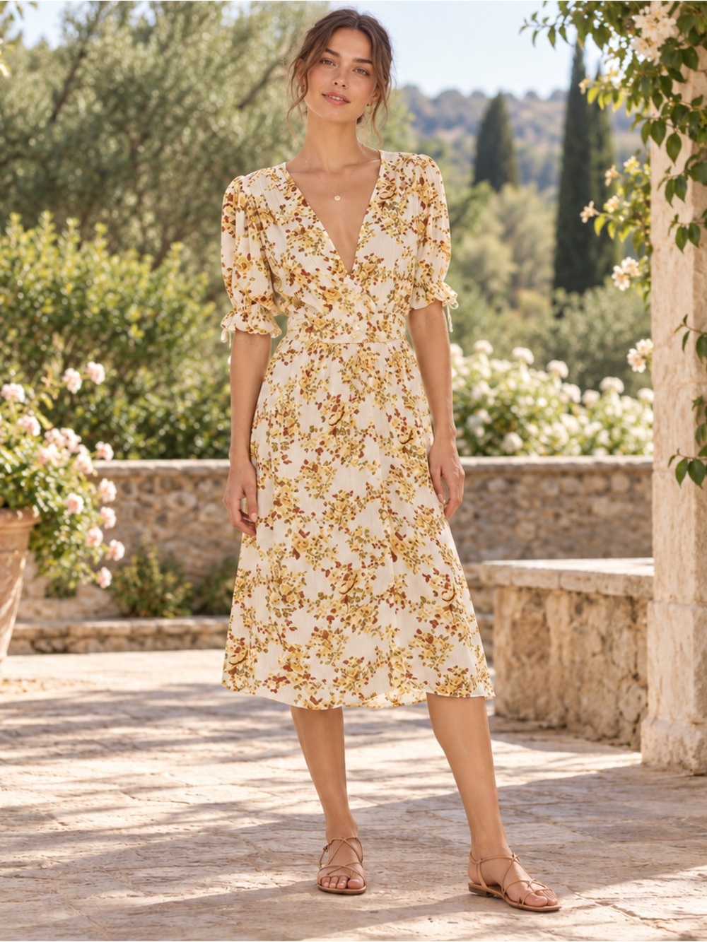 Faithfull the Brand Rafa Goldie Floral Midi Dress Ivory Yellow US 2 XS